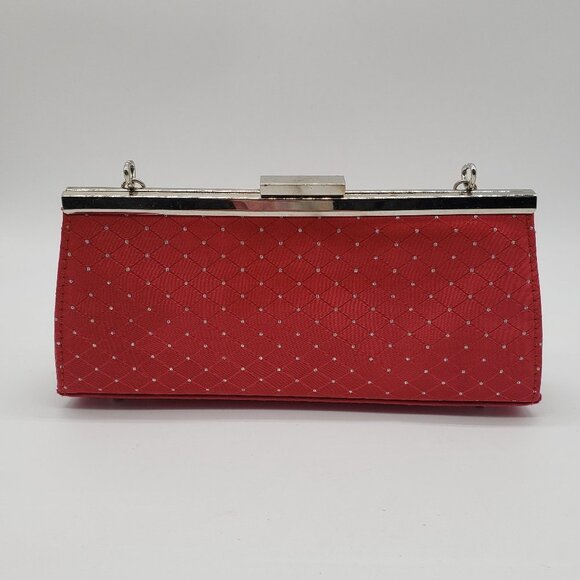 Red Faux Satin Silver Rhinestone Diamond Pattern Chain or Strap Handled Purse - Picture 10 of 12